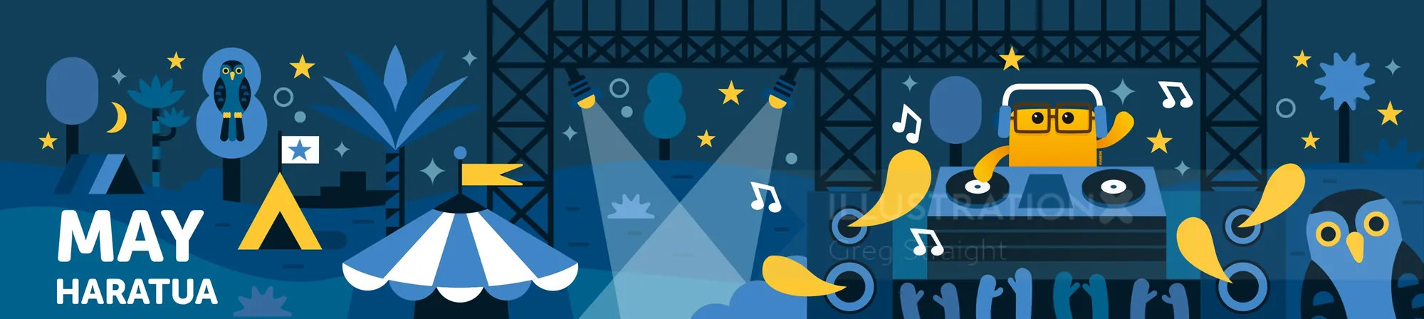 Night festival with dancing people, music, food, and outdoor lights in May