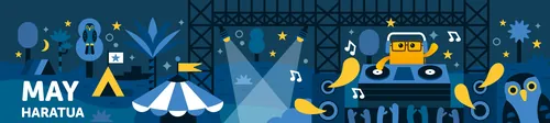 Night festival with dancing people, music, food, and outdoor lights in May