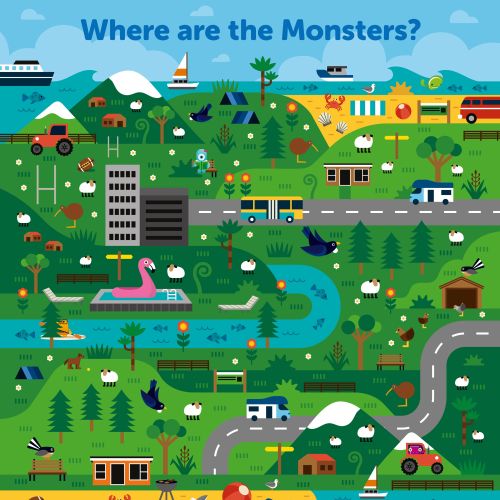 Illustrated map with hidden monsters among forests, rivers, buildings, and roads.
