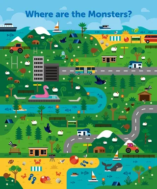 Illustrated map with hidden monsters among forests, rivers, buildings, and roads.