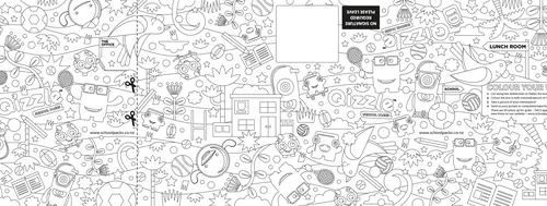 Detailed black and white doodle collage featuring objects and cartoon characters