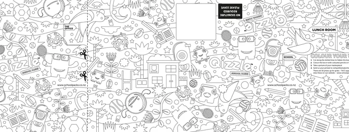 Detailed black and white doodle collage featuring objects and cartoon characters