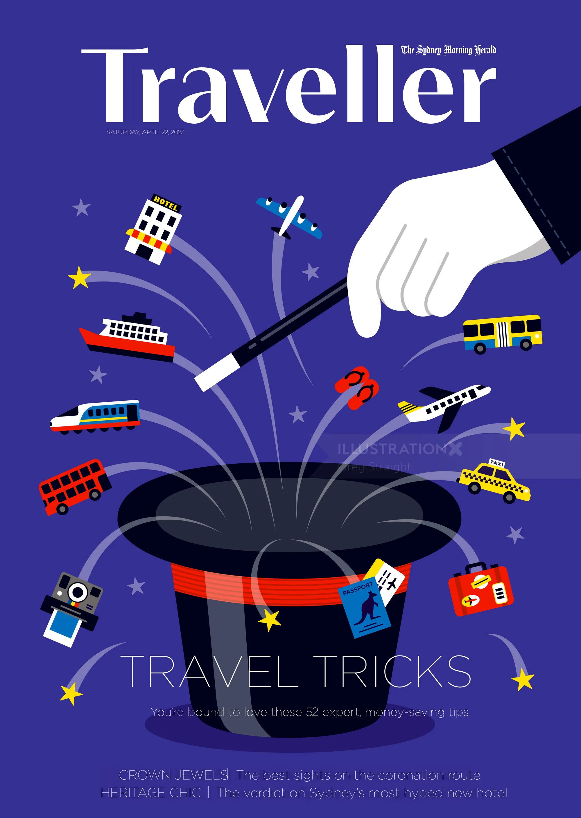Magic hat with flying travel and transportation icons on blue background