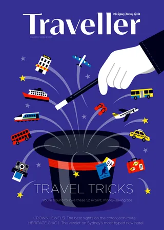 Magic hat with flying travel and transportation icons on blue background