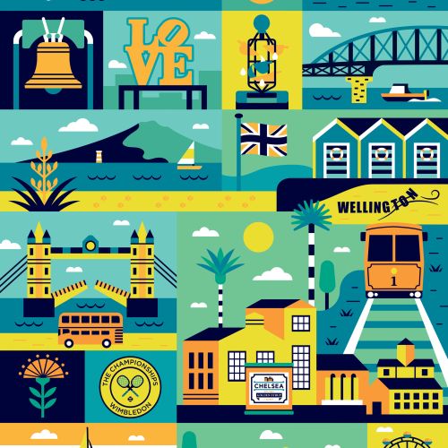 Illustration of London landmarks including Tower Bridge, red bus, and Big Ben.