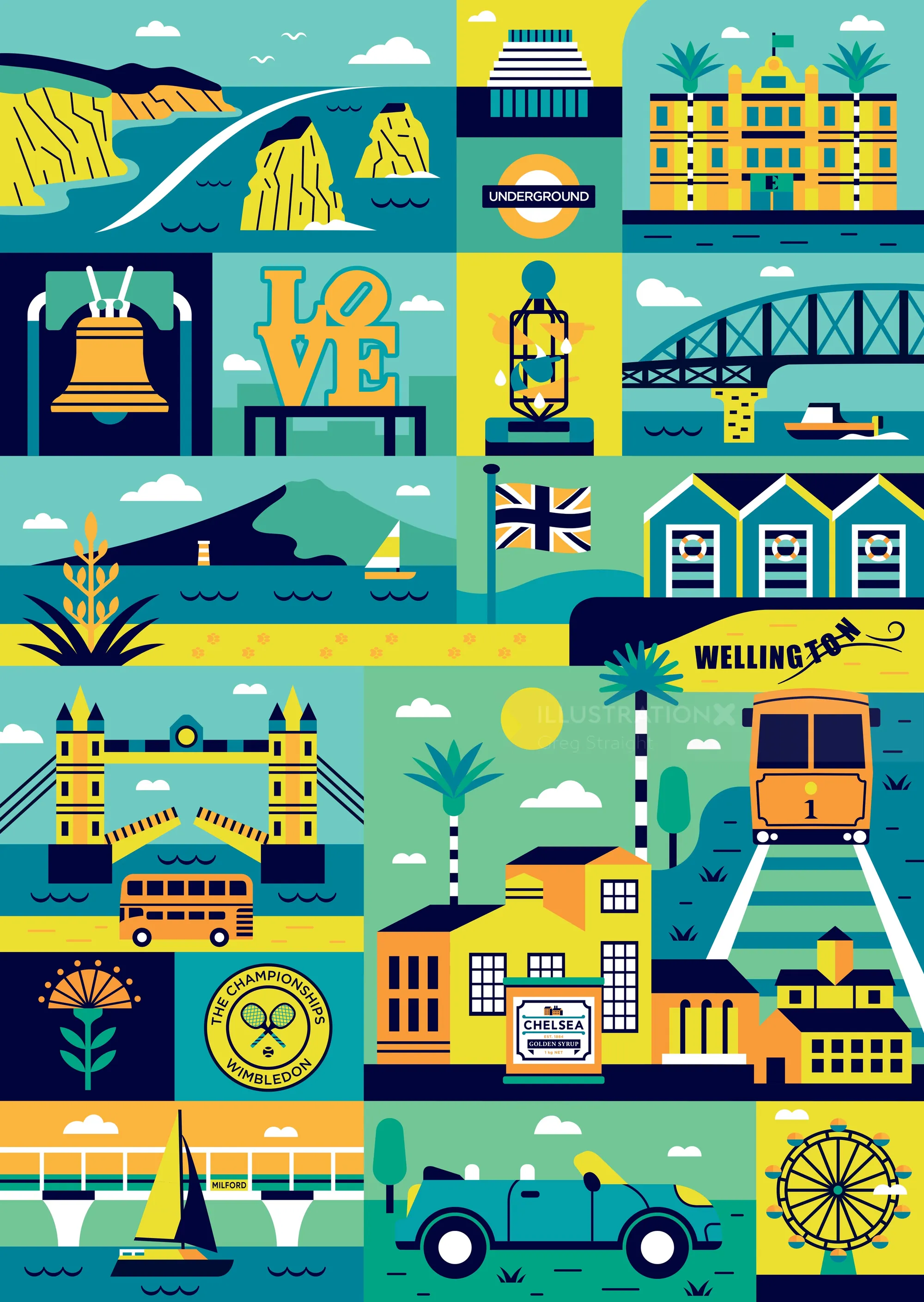 Illustration of London landmarks including Tower Bridge, red bus, and Big Ben.