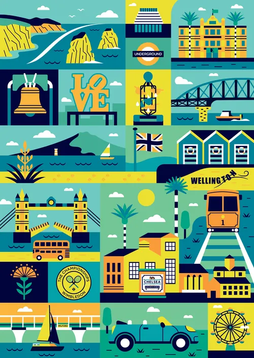 Illustration of London landmarks including Tower Bridge, red bus, and Big Ben.