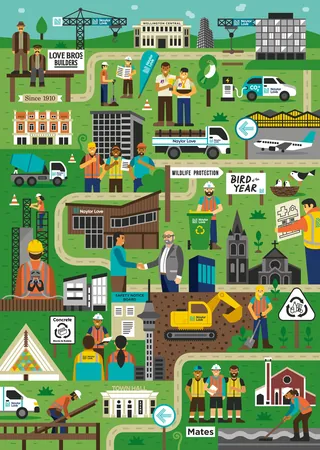 Cartoon of construction workers, building sites, and environmental conservation efforts.