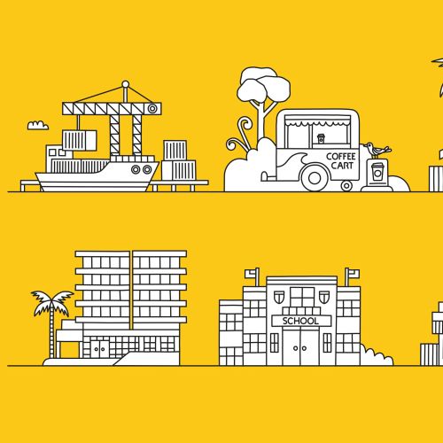 Outline drawing of construction, coffee cart, and different building types