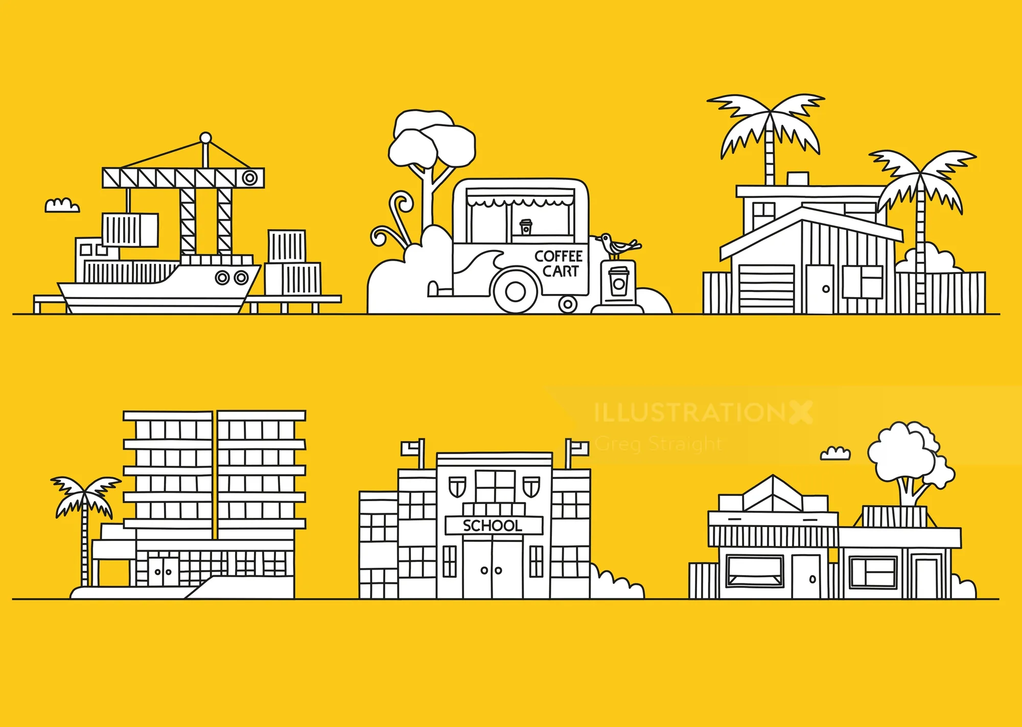 Outline drawing of construction, coffee cart, and different building types