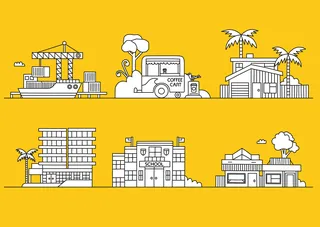 Outline drawing of construction, coffee cart, and different building types