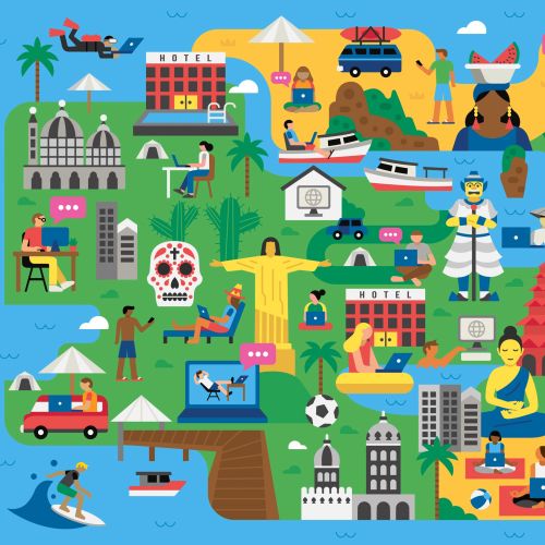 Illustration showing Costa Rica landmarks, animals, and cultural elements