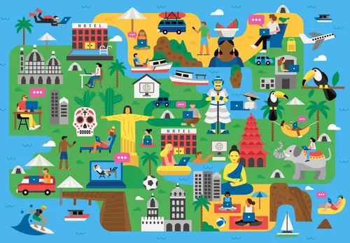 Illustration showing Costa Rica landmarks, animals, and cultural elements