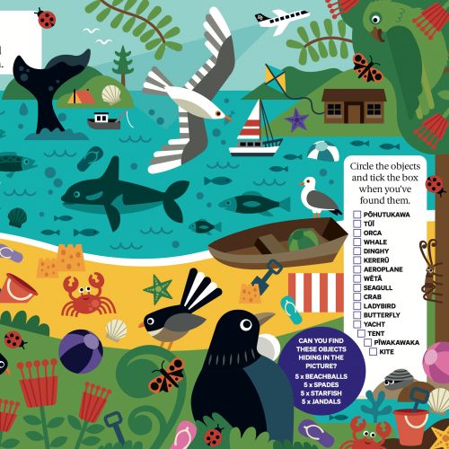 Illustration eines Strandes mit Vögeln, Meerestieren und versteckten Objekten zum Entdecken
