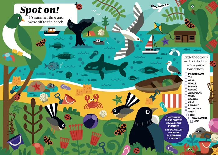 Illustration of beach with birds, sea animals, and hidden objects to spot