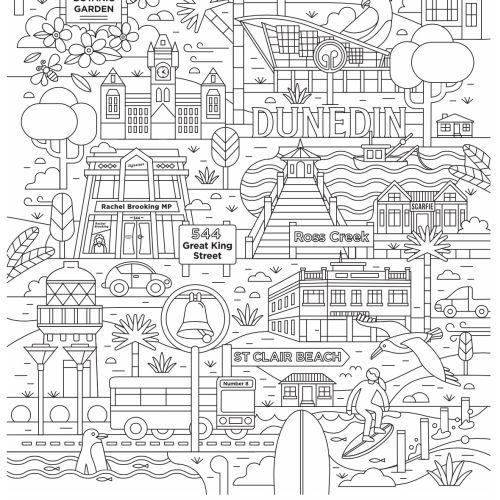 Line art drawing showing Dunedin landmarks including buildings, beach, and streets
