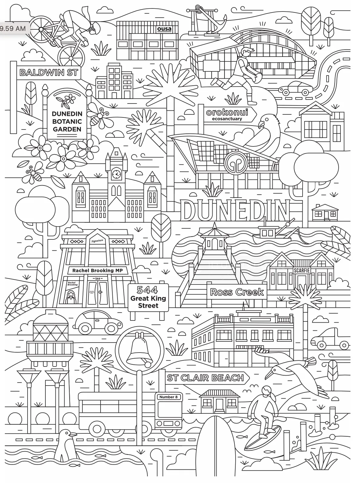 Line art drawing showing Dunedin landmarks including buildings, beach, and streets