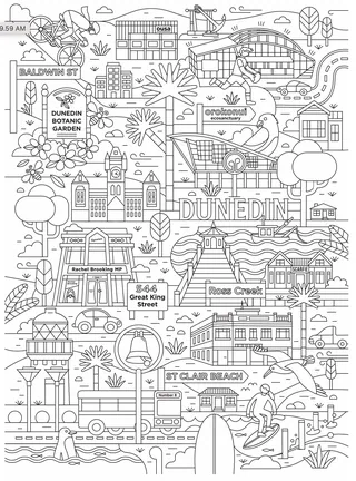 Line art drawing showing Dunedin landmarks including buildings, beach, and streets