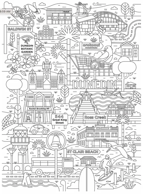Line art drawing showing Dunedin landmarks including buildings, beach, and streets
