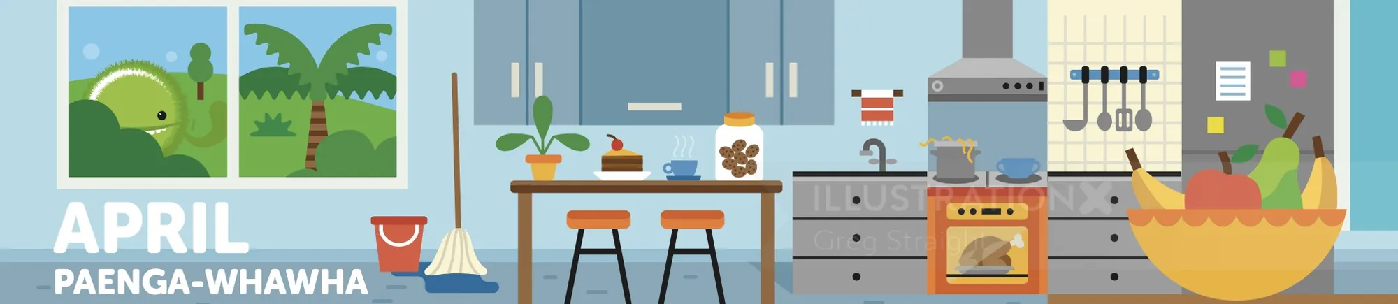 Modern kitchen interior with bar stools, oven, plants, and large window view