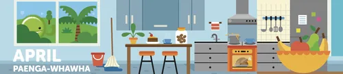 Modern kitchen interior with bar stools, oven, plants, and large window view