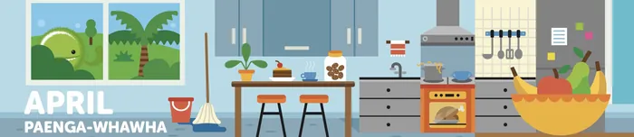 Modern kitchen interior with bar stools, oven, plants, and large window view