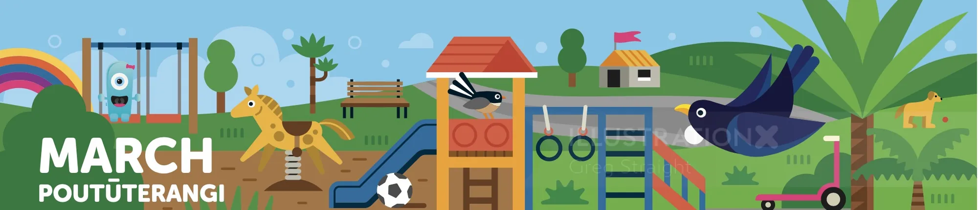 Colorful outdoor playground with animals and rainbow by Greg Straight