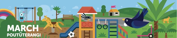 Outdoor park with animals, playground equipment, and a rainbow in March.