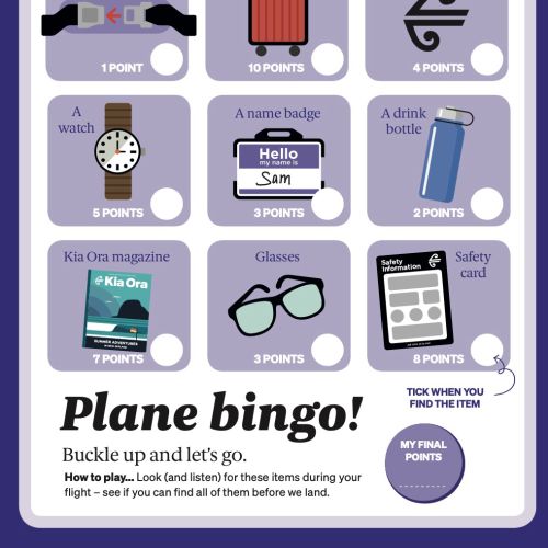 Plane bingo game with images of travel items to spot on a flight