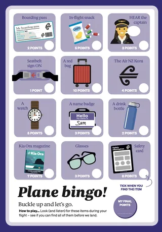 Plane bingo game with images of travel items to spot on a flight