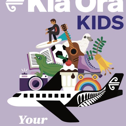 Kia Ora Kids in-flight activity book cover with airplane and colorful items