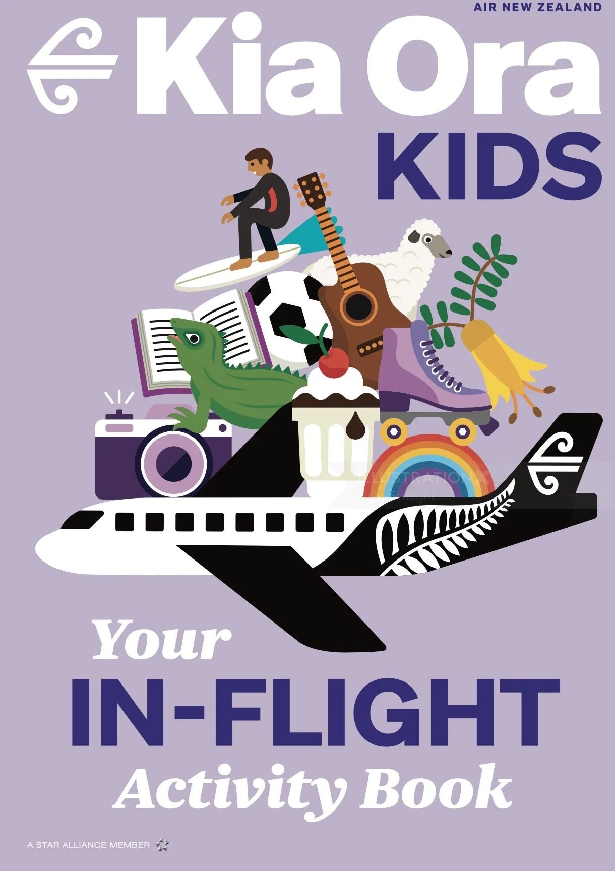 Kia Ora Kids in-flight activity book cover with airplane and colorful items