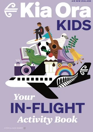 Kia Ora Kids in-flight activity book cover with airplane and colorful items