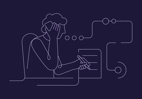 Outline of stressed person writing with head in hands