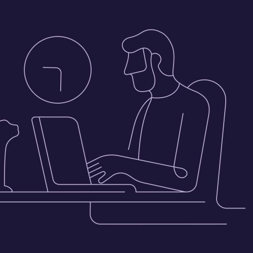Line art of person typing on laptop with cat sitting beside