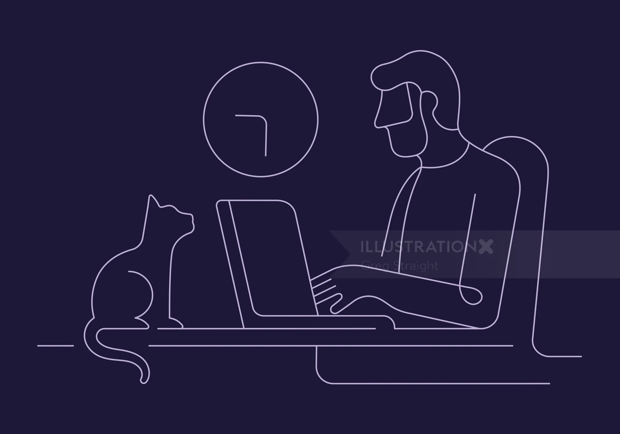 Line art of person typing on laptop with cat sitting beside