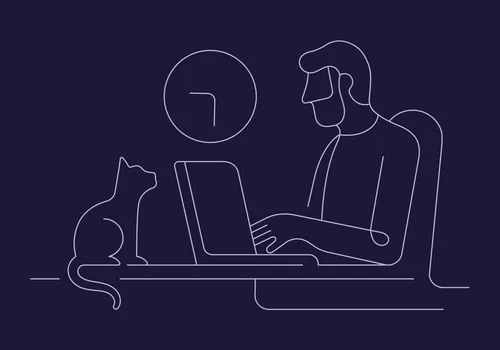 Line art of person typing on laptop with cat sitting beside
