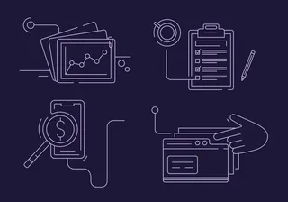 Line art showing charts, clipboard, magnifying glass on dollar sign, and hand pointing at browser wi