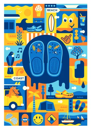 Illustration of sandals surrounded by beach and summer icons in bright colors