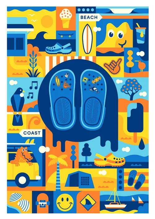 Illustration of sandals surrounded by beach and summer icons in bright colors