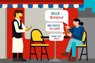 Barista serving coffee to seated customer at outdoor café