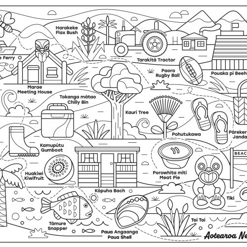 Line art map with New Zealand landmarks, animals, plants, and cultural icons