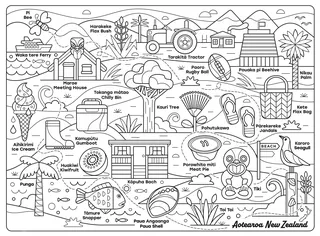 Line art map with New Zealand landmarks, animals, plants, and cultural icons