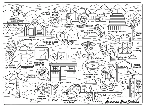 Line art map with New Zealand landmarks, animals, plants, and cultural icons