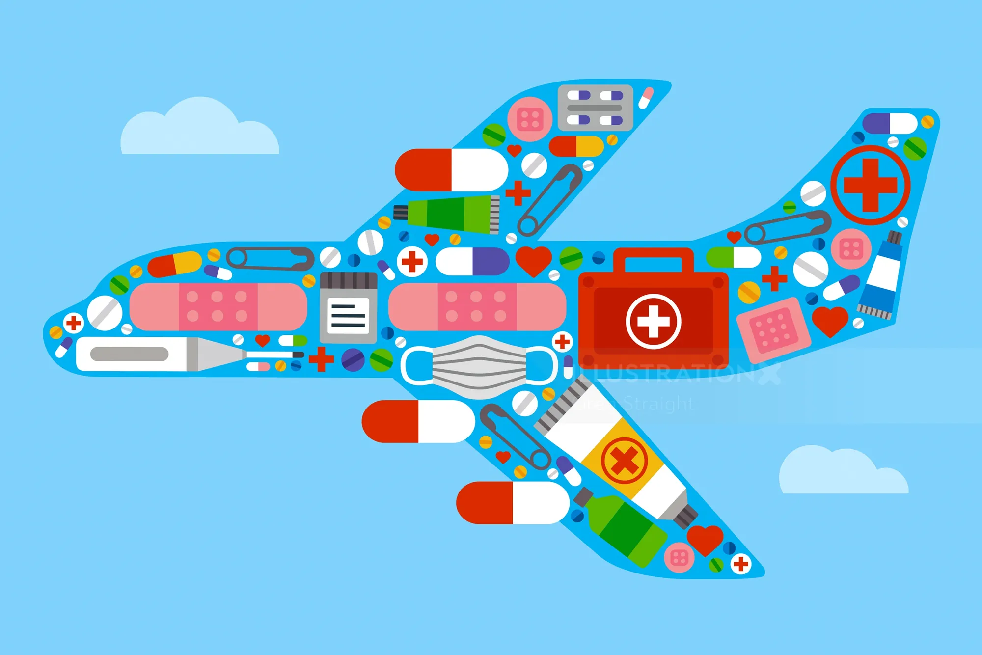 Airplane composed of medical supplies like pills, bandages, masks