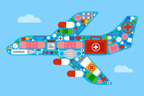 Airplane composed of medical supplies like pills, bandages, masks