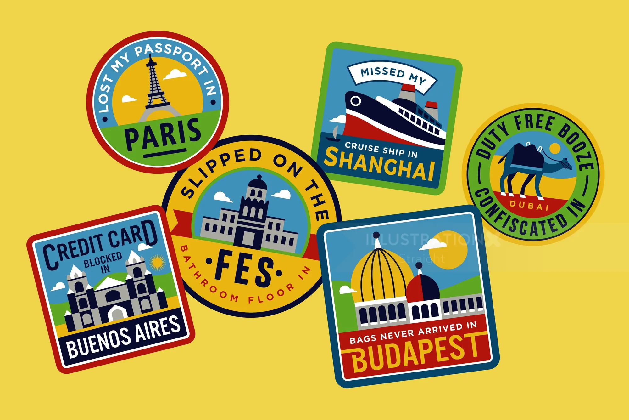 Colorful travel stickers from Paris, Shanghai, Dublin, Buenos Aires, Fes, and Budapest.