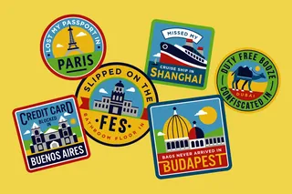 Colorful travel stickers from Paris, Shanghai, Dublin, Buenos Aires, Fes, and Budapest.