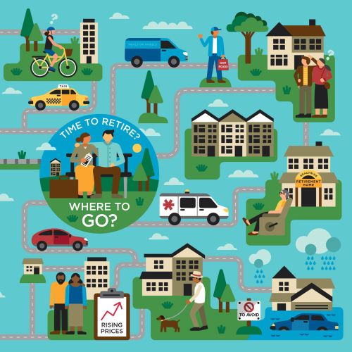 Colorful map with retirement lifestyle choices and people activities