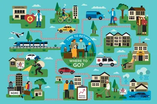 Colorful map with retirement lifestyle choices and people activities